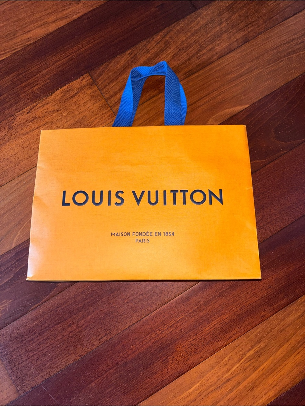 Louis Vuitton Orange Shopping Bag with Blue Handles